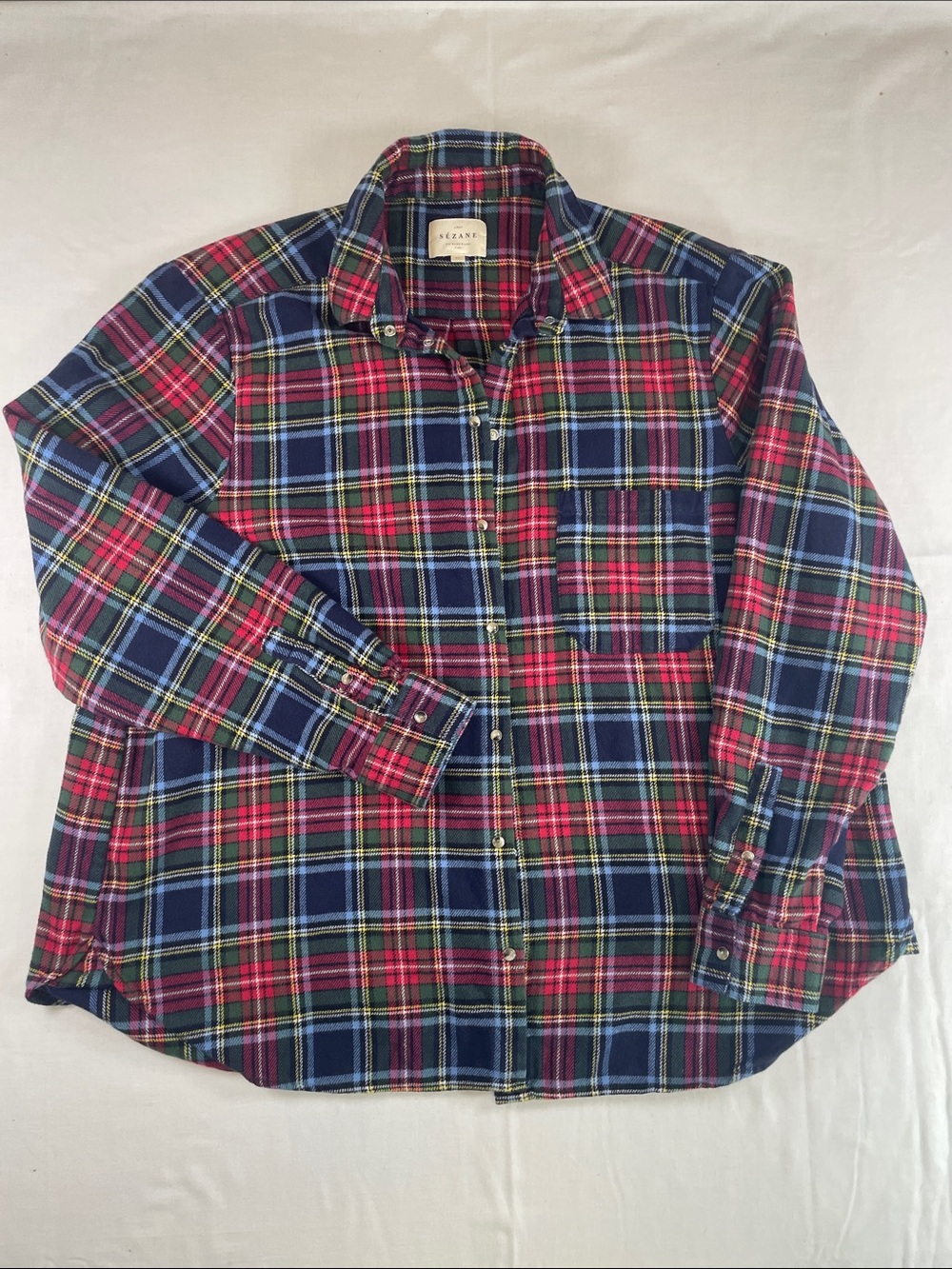 Sezane Plaid Button-Down Shirt in Navy & Red